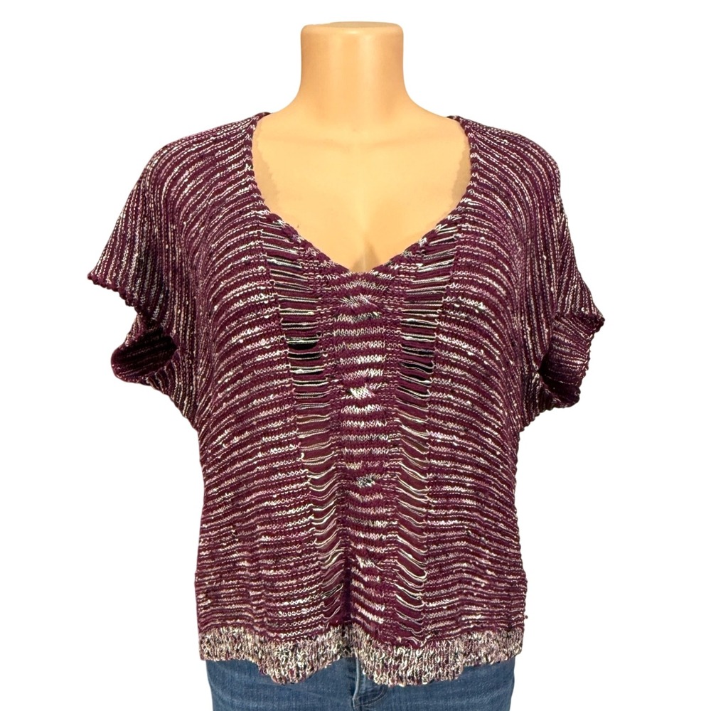GUESS Striped V Neck Dolman Sleeve Distressed Knit Top Womens Size M